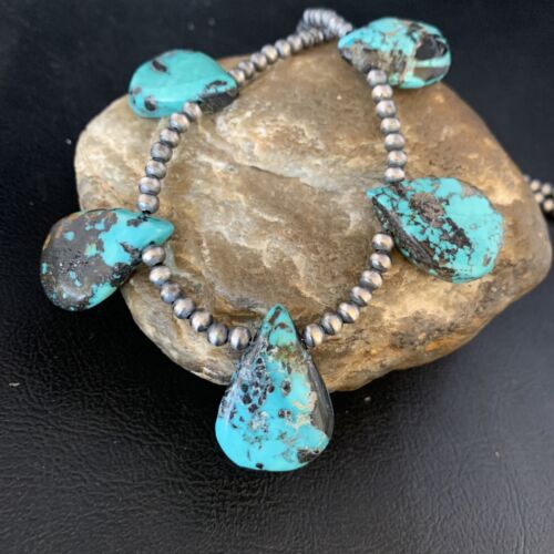 Navajo Teardrop Blue Turquoise Necklace | Sterling Silver Pearls | 20" | 13960