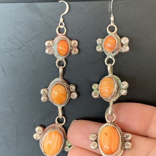 Navajo Orange Spiny Oyster Dangle Earrings | Sterling Silver | Authentic Native American Handmade | 1231