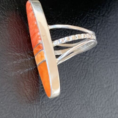 Navajo Red Spiny Oyster Inlay Ring | Sterling Silver | Sz 5 | Authentic Native American Handmade | 11585