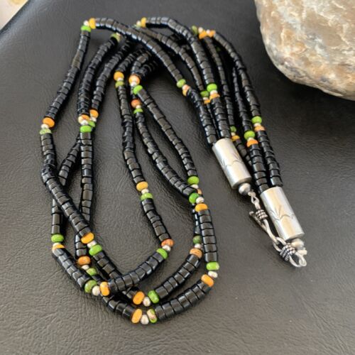 Navajo Sterling Silver Black Onyx Spiny Turquoise Bead Necklace Heishi 22" | Handmade 10893