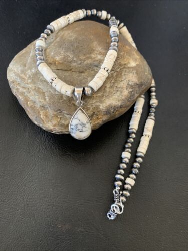 Navajo White Buffalo Turquoise Pendant Set | Sterling Silver | Authentic Native American Handmade | 12243