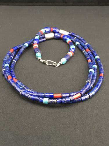 Southwestern Navajo Lapis Turquoise Necklace | 3-Strand | Sterling Silver | 24" | 1361