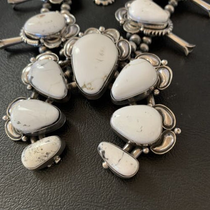Navajo White Buffalo Turquoise Sterling Squash Blossom Necklace | Naja Pendant | 10957