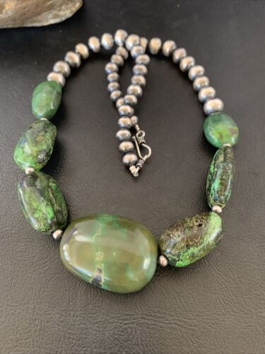 Navajo Chunky Graduated Natural Green Turquoise Necklace | Sterling Silver | Authentic Native American | 18" | 11770