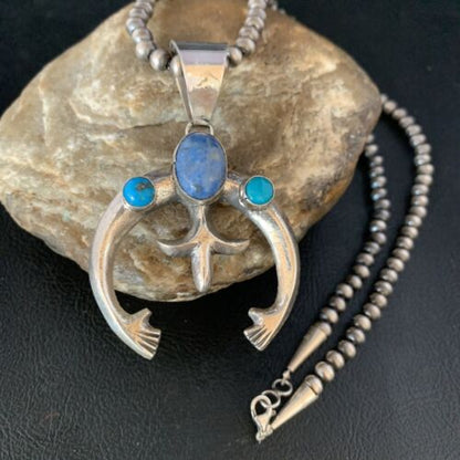 Navajo Sterling Silver Pendant Necklace | Denim Lapis & Turquoise | Authentic Native American Handmade | 13632