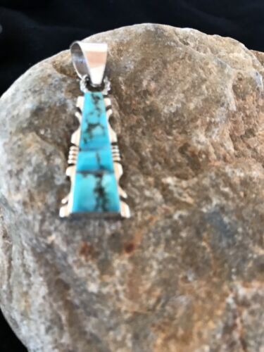 Kingman Turquoise Sterling Silver Pendant | Navajo Inlay Design | Signed | 21" Necklace | 3409