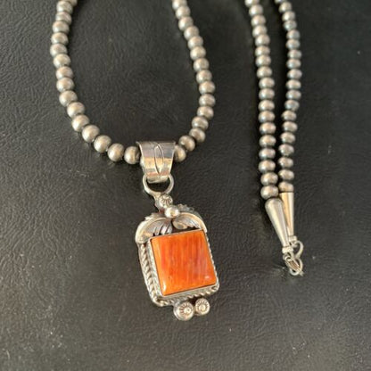 Navajo Orange Spiny Oyster Square Pendant Necklace | Sterling Silver | Authentic Native American Handmade | 13642