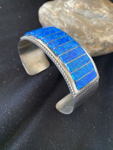 Zuni Blue Faux Opal Inlay Cuff Bracelet | Sterling Silver | Authentic Native American Handmade | 01024