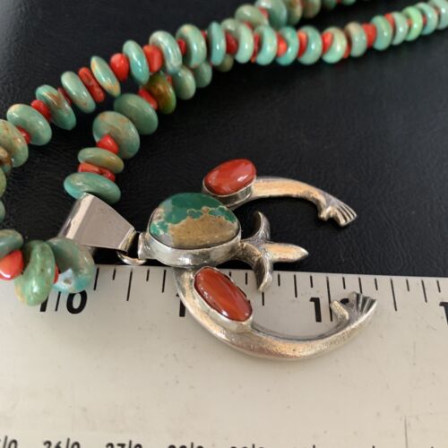 Navajo Pearl Necklace with Royston Turquoise & Coral Naja Pendant | Sterling Silver | 13813