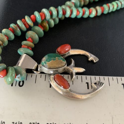 Navajo Pearl Necklace with Royston Turquoise & Coral Naja Pendant | Sterling Silver | 13813