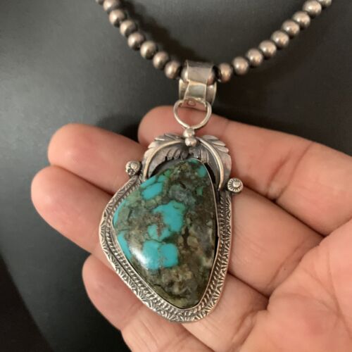 Navajo Spiderweb Turquoise Pendant Necklace | 2.25" | Sterling Silver | Authentic Native American Handmade | 13979