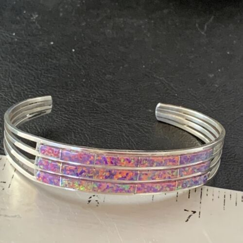 Native American Zuni Purple Opal Inlay Cuff Bracelet | Sterling Silver | 3 Row | 1643