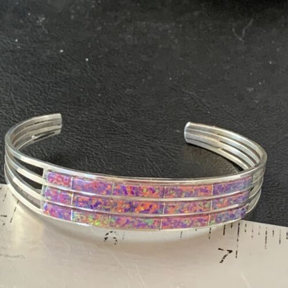 Native American Zuni Purple Opal Inlay Cuff Bracelet | Sterling Silver | 3 Row | 1643