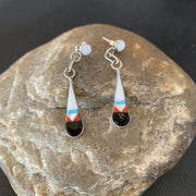 Old Pawn Zuni Multi-Color Turquoise Onyx Inlay Earrings | Sterling Silver | Authentic Native American Handmade | 2043