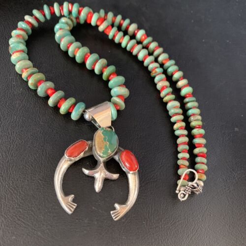 Navajo Pearl Necklace with Royston Turquoise & Coral Naja Pendant | Sterling Silver | 13813