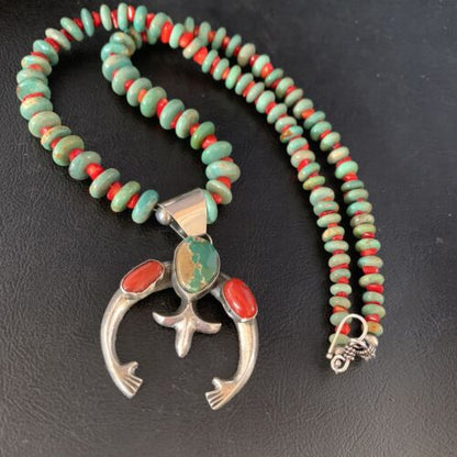 Navajo Pearl Necklace with Royston Turquoise & Coral Naja Pendant | Sterling Silver | 13813