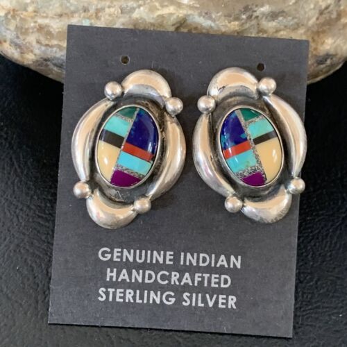 Native American Women's Sterling Silver Blue Turquoise Multi-Color Earrings | Handmade | 13015