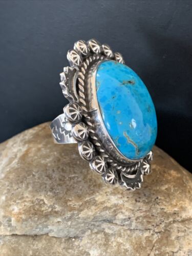 Navajo Blue Kingman Turquoise Ring | Sterling Silver | Sz 9.5 | Authentic Native American Handmade | 01644