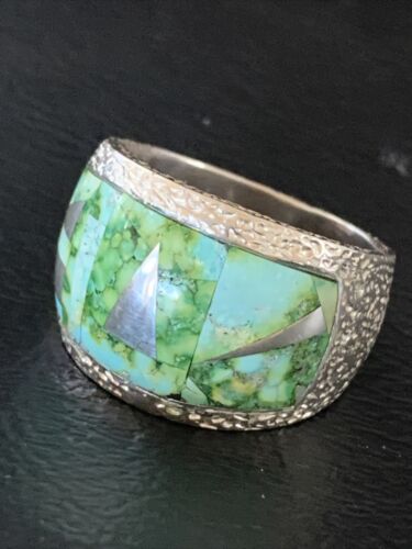 Navajo Green Sonoran Turquoise Inlay Ring | Sterling Silver | Sz 10 | Authentic Native American Handmade | 2080