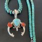Navajo Pearl Necklace with Blue Turquoise & Coral | Sterling Silver Naja Pendant | 02062