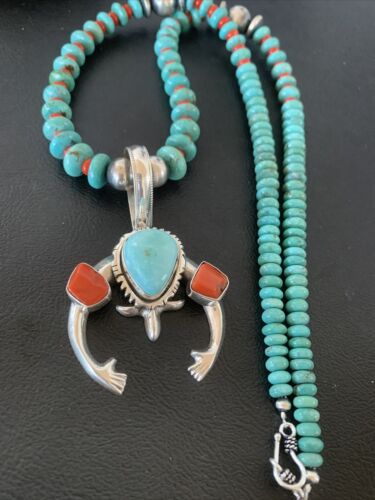 Navajo Pearl Necklace with Blue Turquoise & Coral | Sterling Silver Naja Pendant | 02062