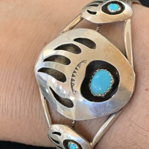 Navajo Turquoise Bear Paw Cuff Bracelet | Sterling Silver | Authentic Native American Handmade | 12875