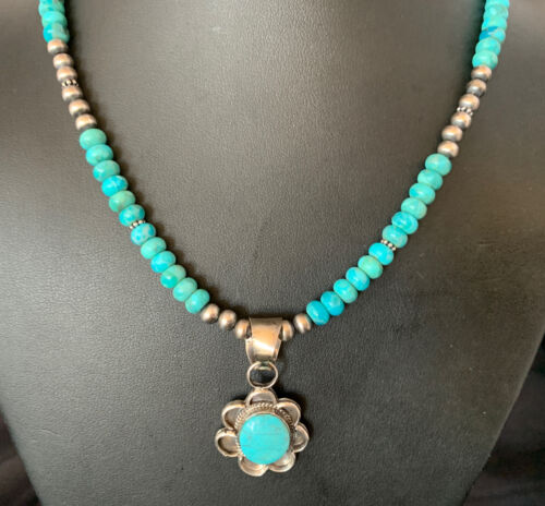Navajo Blue Turquoise Pendant Necklace | Sterling Silver Pearls | Authentic Native American Handmade | 13216