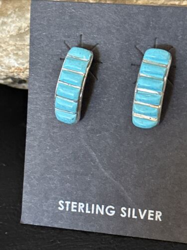 Navajo Blue Turquoise Inlay Earrings | Sterling Silver | 1" | Authentic Native American Handmade | 14777