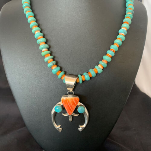 Navajo Pearls Sterling Silver Necklace | Blue Turquoise & Spiny Oyster | Naja Pendant | Authentic Native American Handmade