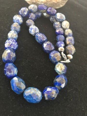 Navajo Chunky Faceted Denim Lapis Sterling Silver Beads Necklace 13973