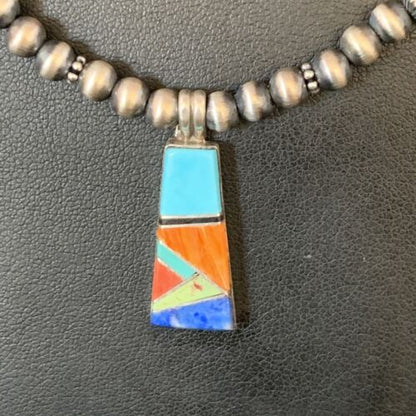 Navajo Sterling Silver Necklace | Blue Turquoise Coral Inlay Pendant | Southwestern |13841