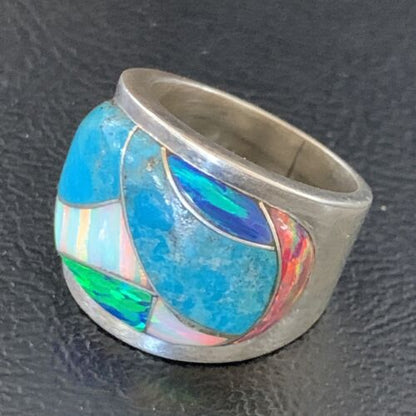 Navajo Blue Turquoise Opal Inlay Men's Pinky Ring | Sz 7 | Sterling Silver Band | 12859