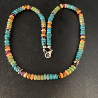 Navajo Blue Turquoise & Orange Spiny Oyster Necklace | Sterling Silver | 18" | 13433