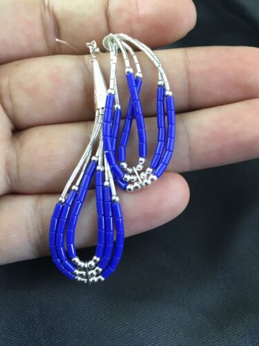 Native American Handmade Sterling Silver Heishi Dangle Earrings Set | Blue Lapis | 2" | 1961