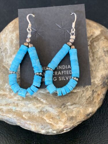 Navajo Turquoise Heishi Sterling Silver Pearls Beads Earrings | 1.5" | Authentic Native American Handmade | 13044