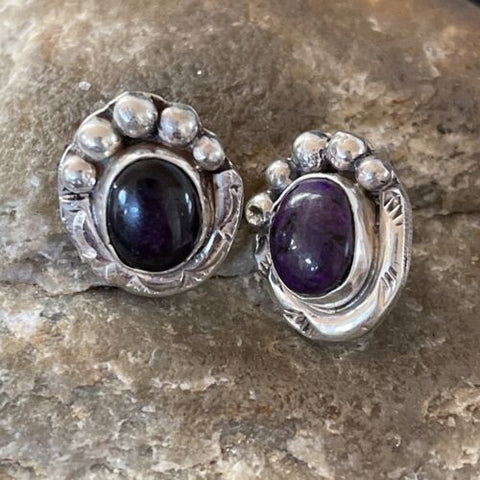 Navajo Sugilite Earrings | Sterling Silver Post Stud | Authentic Native American Handmade | 0.5" | 2067