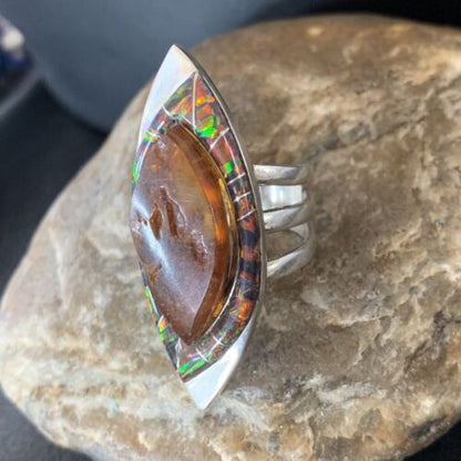 Navajo Sterling Silver Opal Inlay Ring with Amber | Sz 9 | Authentic Native American Handmade | Pomellato | 12849