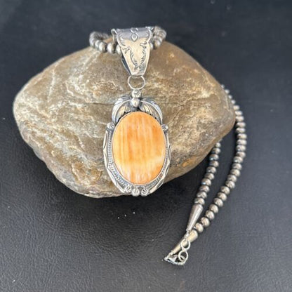 Navajo Pearls Orange Spiny Oyster Necklace Pendant | Sterling Silver | Authentic Native American Handmade | 14719