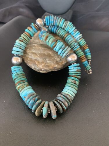 Navajo Blue Green Turquoise Necklace | Sterling Silver | Authentic Native American | 20" | Graduated | 11885