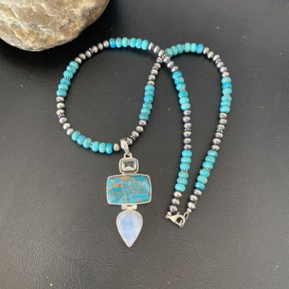 Navajo Pearls Necklace with Blue Mojave Turquoise Moon Pendant | Authentic Native American Sterling Silver | Multi-Stone | 11867