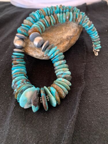 Authentic Navajo Sterling Silver & Turquoise Graduated Necklace | 18" | Native American Jewelry | 4241 - Masha USA