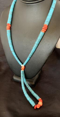 Southwestern Santo Domingo Pink Coral Blue Turquoise Jacla Necklace | 20" | Authentic Native American Handmade | 12516