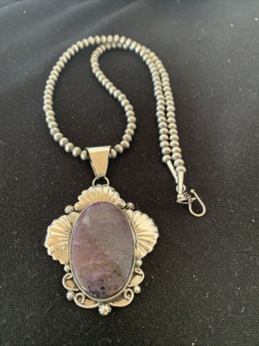 Men's Navajo Pearls Necklace | Sterling Silver Purple Sugilite Pendant | Authentic Native American Handmade | 1537