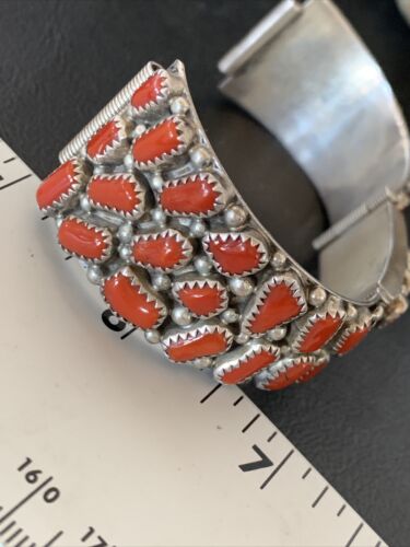 Old Pawn Men's Navajo Sterling Silver Watch Bracelet with Red Coral | Authentic Native American Jewelry | 12152