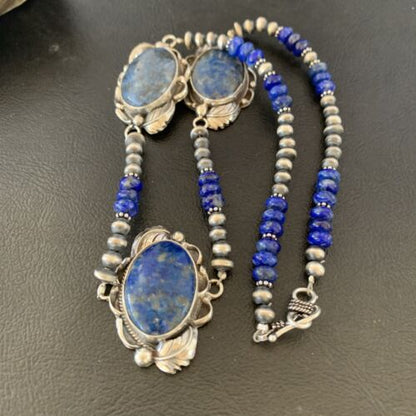 Navajo Pearls Necklace with 3 Stone Blue Denim Lapis Pendant | Sterling Silver | Native American Handmade | 10821