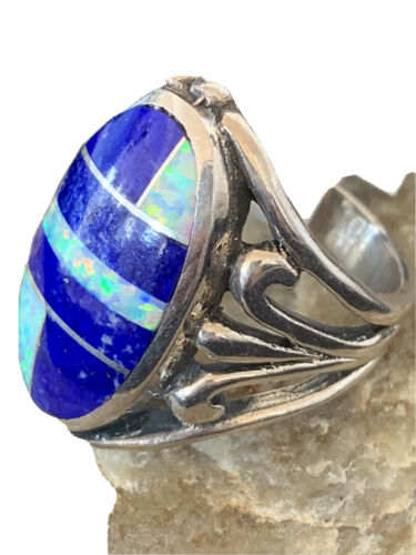 Southwestern Navajo Lapis & Opal Inlay Ring | Sterling Silver | Sz 7.5 | 1486