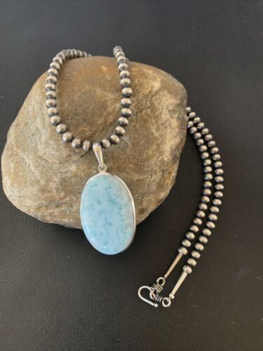 Navajo Blue Larimar Pendant Beads Necklace | Sterling Silver | Authentic Native American Handmade | 1763 - Masha USA