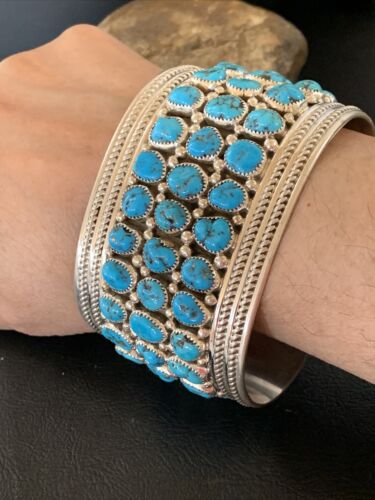 Sterling Silver Blue Kingman Turquoise Cuff Bracelet | 3 Row Stone | Authentic Native American Handmade | 12167
