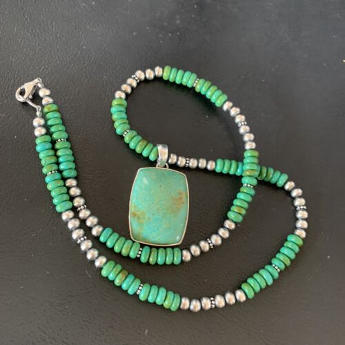 Navajo Green Turquoise Pendant Necklace | Sterling Silver Beads | Authentic Native American Handmade | 13304