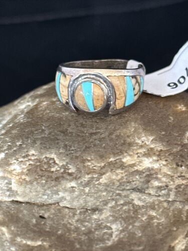 Navajo Picture Jasper Turquoise Inlay Ring | Sterling Silver | Sz 6 | Authentic Native American Handmade | 01706